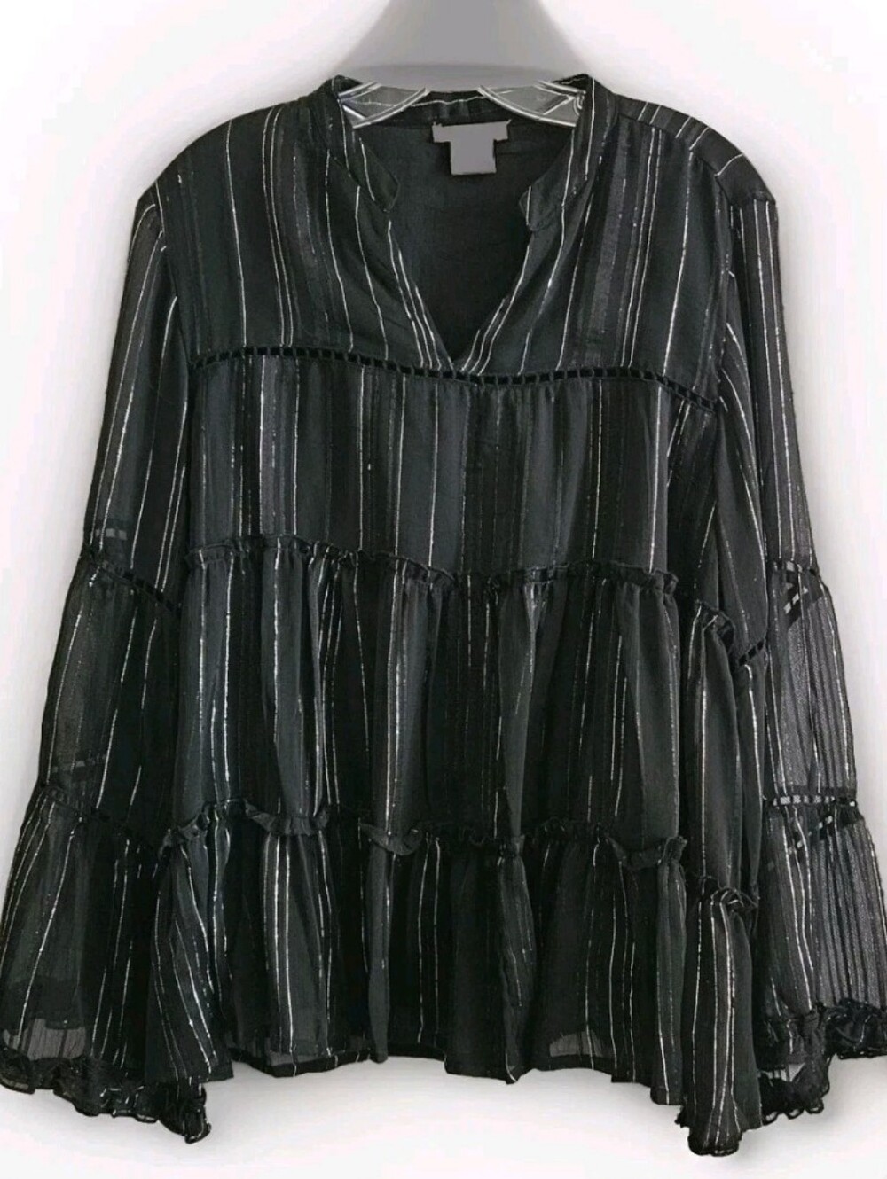 Sweet Magnolia Size XL Black Top Silver Metallic Peasant Tiered Flowy Lined